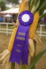 A purple ribbon for the 2023 fair celebrates an award winning harvest. Three yellow corn cobs are attached to a stalk in the background.