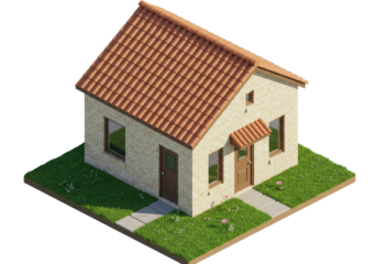 Isometric house with red tile roof isolated on transparent background, small brick home