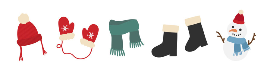 マフラー・ニット帽・手袋・ブーツと雪だるまなど冬の装いアイテムを組み合わせたフラットイラストセット｜季節のファッション小物と冬のアクセサリーデザイン素材（ベクター）