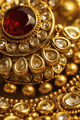 The beautiful Indian style necklace features a large red ruby and diamonds. The craftsmanship highlights luxury tradition and exquisite beauty.