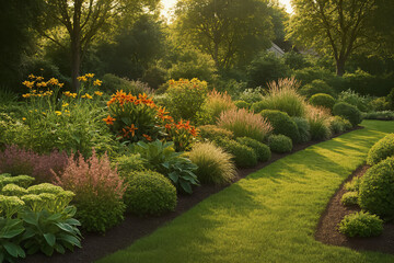 Manicured lawns border a garden bed with colorful flowers and shrubs. The warm sunlight creates a peaceful and serene outdoor atmosphere.