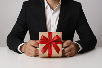 The professionally dressed person is offering a present at a white desk. This image represents giving celebration corporate gifting or a special offer.