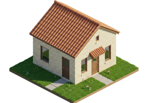 Isometric house with red tile roof isolated on transparent background, small brick home - Powered by Adobe