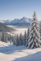 Fresh white snow blankets the ground and mountains under a clear blue sky. This peaceful and serene scene is a perfect winter wonderland.