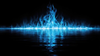Luminous blue flames reflecting on water against a dark backdrop, creating a mystical scene