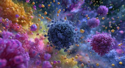 Vivid microscopic rendering with central spherical forms amidst swirling colorful particles