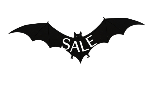 Black bat shape with SALE text png isolated on transparent background - Powered by Adobe