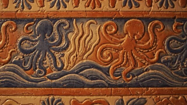 Ancient Mediterranean Octopus Tile Pattern - Close-up of a ceramic tile featuring a repeating pattern of octopuses and waves, inspired by Minoan art.