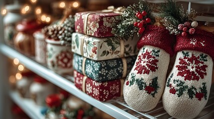 Christmas decorations featuring cozy mittens and colorful gift boxes on a festive shelf