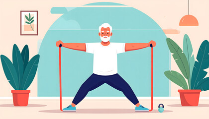 Vector illustration of an elderly man practicing light resistance band exercise
