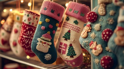 Festive Christmas stockings hang cheerfully, showcasing colorful designs and holiday themes in a cozy setting