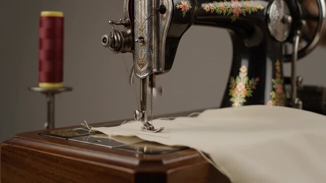 Antique Sewing Machine in Action - Close-up view of an antique sewing machine stitching fabric. A spool of red thread is visible in the background.