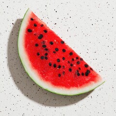 A single slice of juicy watermelon with black seeds, on a speckled, light background