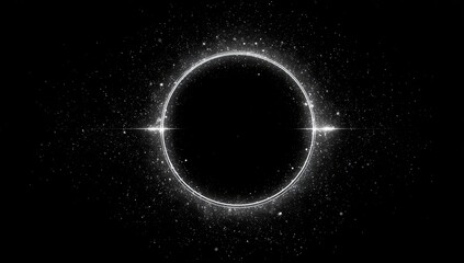 A stark monochrome depiction of a cosmic event, a ringed void amidst a starry expanse