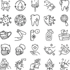 Hygiene icons set. Hygiene, clean, soap, washing hands, disinfecting, sanitation and more. Suitable for educational materials,and presentations. Editable linear icon. Vector illustration