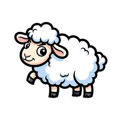 Obraz premium A cheerful cartoon sheep with fluffy white wool and a raised hoof, smiling.