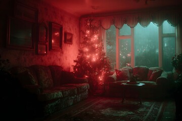 Holiday room filled with red and green lights showcasing a festive tree in a cozy setting during winter evenings