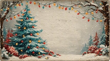 Christmas-themed paper featuring a decorated tree and snowy landscape in a festive setting