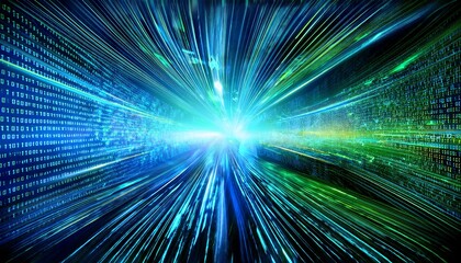 abstract digital background with blue and green light effects and binary code giving the impression of futuristic technology data streams and cybernetic networks in motion