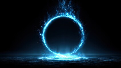 A glowing blue energy ring floats above a reflective surface against a dark background