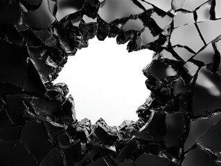 A close-up of shattered, glossy black glass, creating a circular hole against a white backdrop