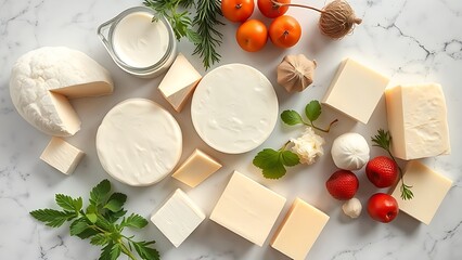 An array of fresh dairy products artfully arranged on a marble surface, showcasing natural textures.