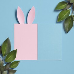 Pink paper rabbit ears, a card split by color, adorned by green leaves on blue