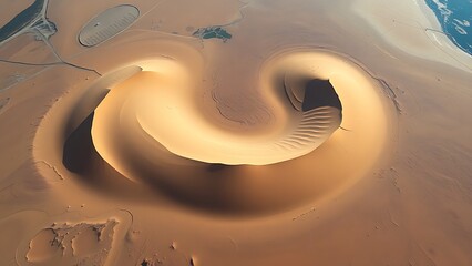 A stunning aerial view from space of a massive, sinuous sand dune resembling a slug, dramatically cutting through a textured floodplain landscape.