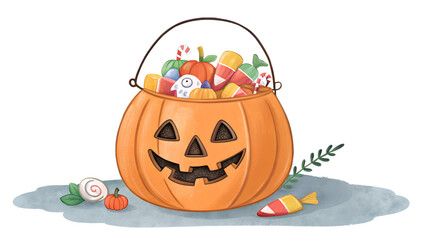 Watercolor pumpkin bucket full of Halloween candies in spooky festive style. Vector illustration of jack-o’-lantern candy holder, perfect for holiday cards, posters, stickers, party invitations, and s