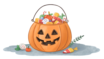 Watercolor pumpkin bucket full of Halloween candies in spooky festive style. Vector illustration of jack-o’-lantern candy holder, perfect for holiday cards, posters, stickers, party invitations, and s