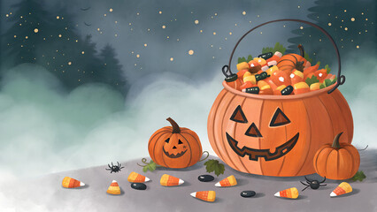Watercolor pumpkin bucket full of Halloween candies in spooky festive style. Vector illustration of jack-o’-lantern candy holder, perfect for holiday cards, posters, stickers, party invitations, and s