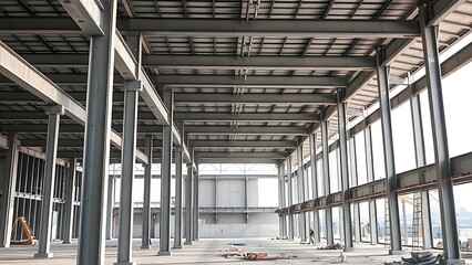 Industrial construction site with steel beams and columns, highlighting modern architectural progress.