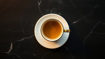 Elegant golden coffee cup on black marble, capturing warmth and sophistication in a minimalist style.