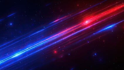 Abstract artwork of vibrant red and blue streaks against a dark starry background