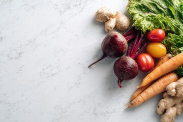 Colorful array of fresh vegetables on a marble surface, well-lit and composed diagonally