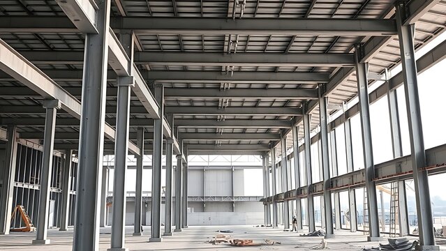Industrial construction site with steel beams and columns, highlighting modern architectural progress. - Powered by Adobe
