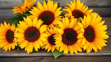 Fototapeta premium Close-up of vibrant sunflowers on a wooden surface, radiating warmth and rustic charm.