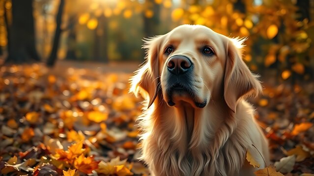 Golden Retriever portrait in autumn leaves with soft sunlight - Powered by Adobe