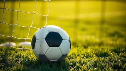 Soccer ball nestled in the net against a lush green field, capturing a moment of victory.