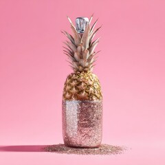 Champagne bottle decorated as a pineapple with glitter on a pink background