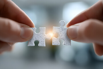 Close-up of a person in business attire connecting two white puzzle pieces, symbolizing teamwork, problem solving, partnership, or strategic planning.  
