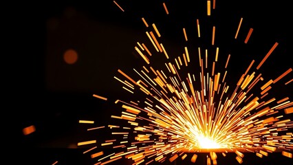 Bright orange sparks fly dynamically against a dark backdrop, evoking industrial metalwork energy.