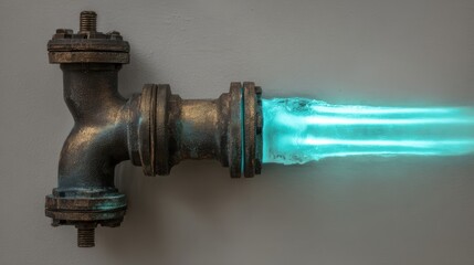 Heavy Oxidized Bronze Water Pipe with Glowing Valve and Flowing Water Stream