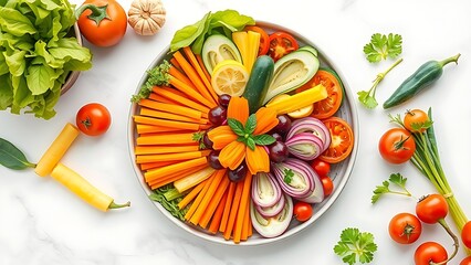 Circular arrangement of fresh vegetables on white marble, highlighting vibrant colors and healthy eating.