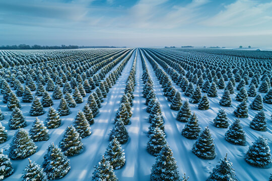 Expansive winter landscape of snow-covered evergreen trees in neat rows under a clear blue sky