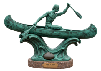 Verdigris bronze statue of a man in a canoe isolated on transparent background, sculpture art
