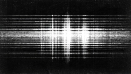 Abstract black and white image with glowing center and parallel, intersecting lines