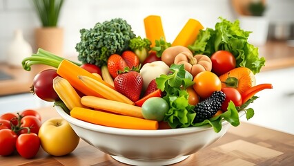 Assortment of fresh vegetables and fruits in a bowl, healthy diet concept.