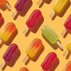 Colorful ice pops with wooden sticks arranged on a bright yellow background