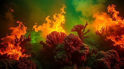 A terrifyingly beautiful underwater scene where the coral reef is consumed by an acidic neon-green and orange haze.